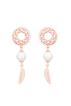 Carraig Donn Feather & Pearl Boho Earrings In Rose Gold