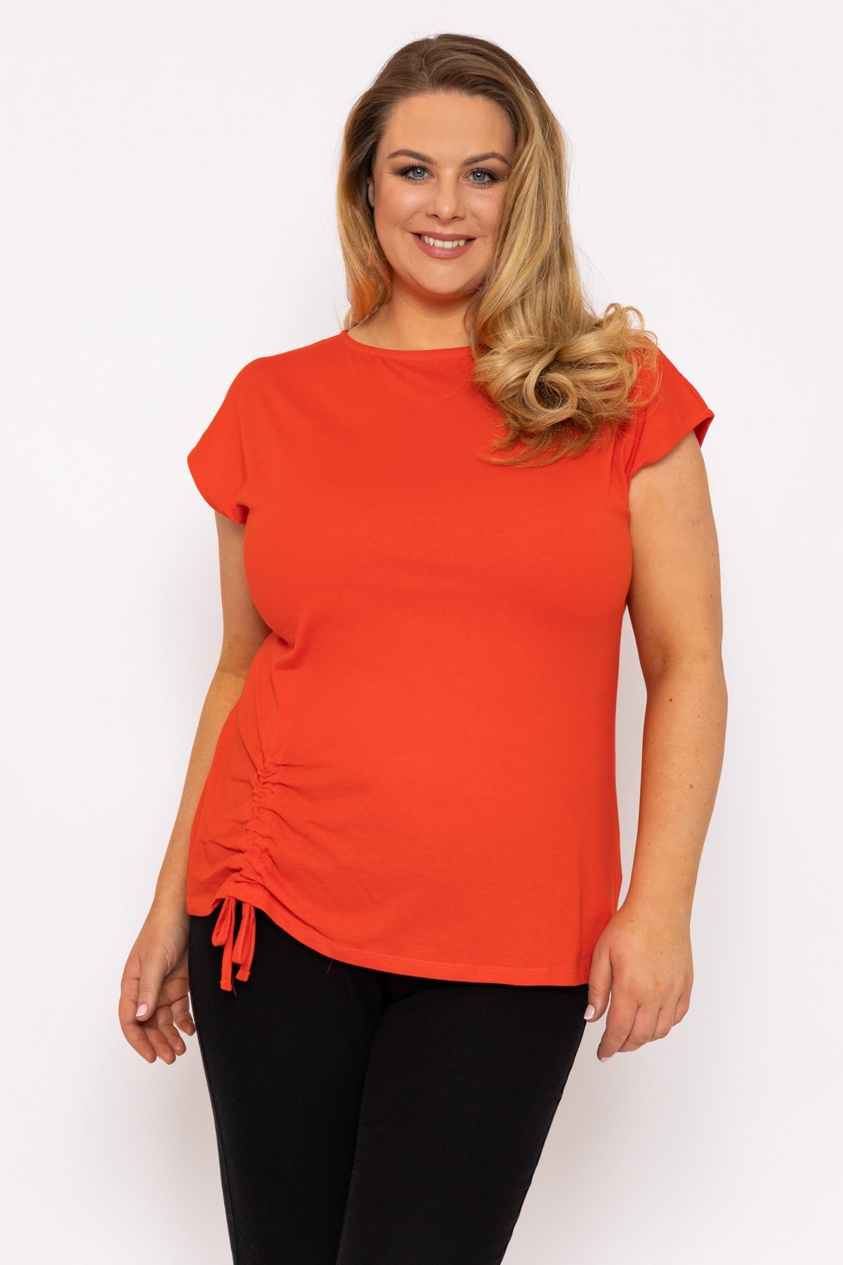 Gathered Hem Short Sleeve Top in Red