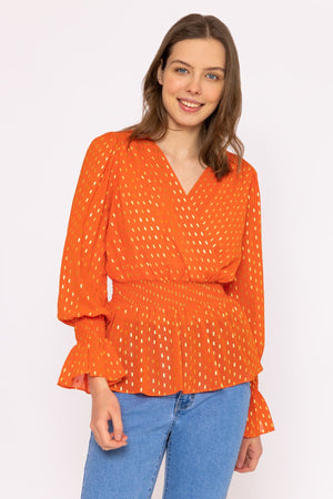 Gold Detail Wrap Top in Coral