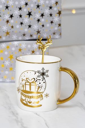 Gold Present Snow Globe Mug With Spoon