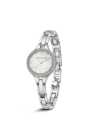 Ladies Silver Plated Round Watch with Clear Stones
