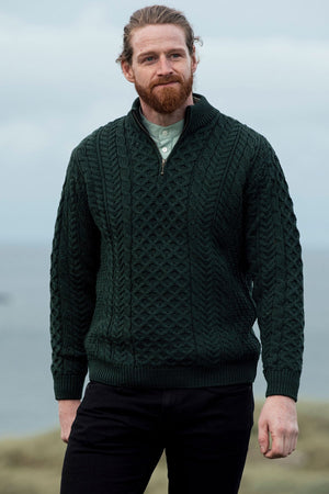 Merino Wool Sweater with Zip in Khaki