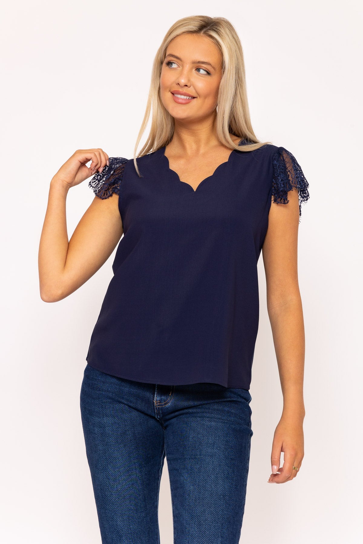 Navy Cap Sleeve Lace Top