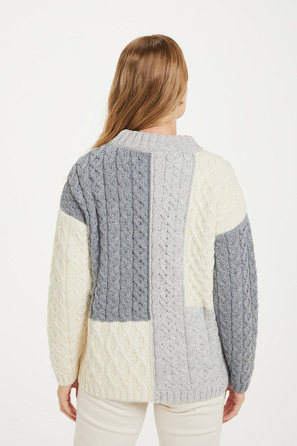 Carraig Donn Patchwork Sweater in Cream and Grey