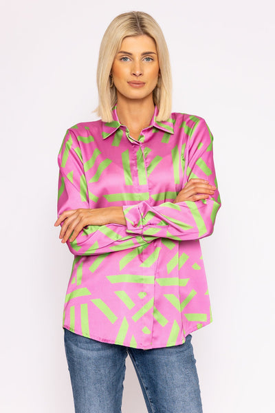 Carraig Donn Printed Sateen Shirt in Green and Pink Print