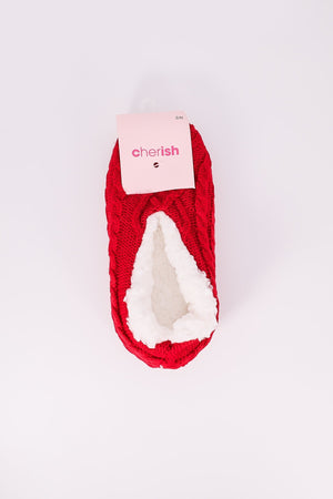Red Cable Knit Slipper Sock in S/M