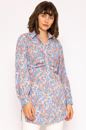 Ruched Longline Blouse in Blue Print