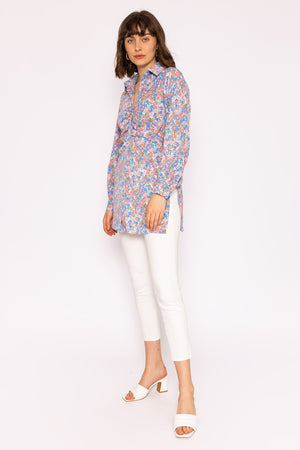 Carraig Donn Ruched Longline Blouse in Blue Print
