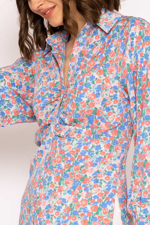 Carraig Donn Ruched Longline Blouse in Blue Print