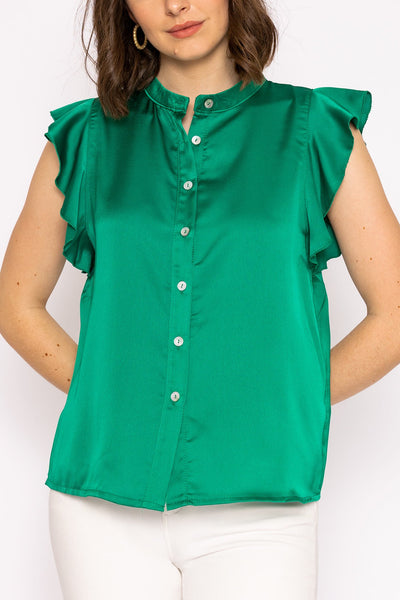Carraig Donn Ruffle Satin Shirt in Green