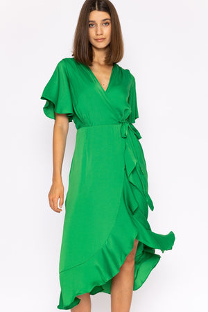 Satin Wrap Dress in Green