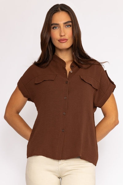 Carraig Donn Short Sleeve Collarless Shirt in Brown