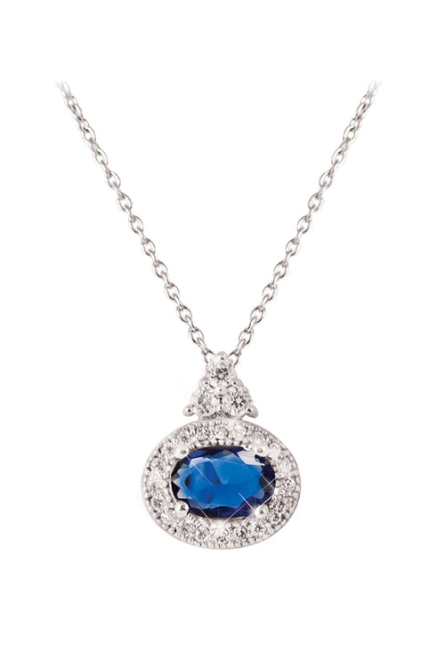 Silver Oval Sapphire White Surround Pendant