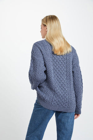 Carraig Donn Traditional Unisex Aran Sweater in Blue