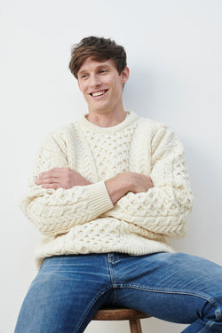 Carraig Donn Traditional Unisex Aran Sweater in Cream