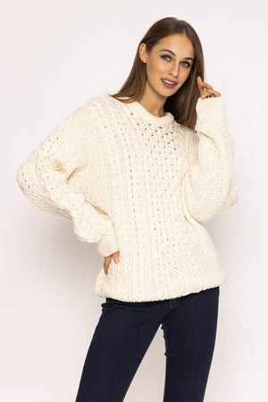 Carraig Donn Traditional Unisex Aran Sweater in Cream