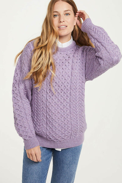Carraig Donn Traditional Unisex Aran Sweater in Lilac