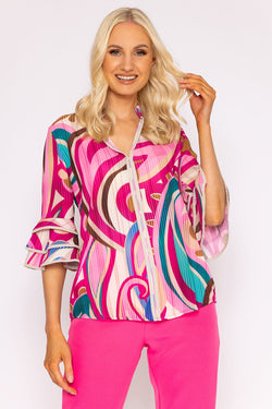 Carraig Donn V-Neck Frill Sleeve Top in Pink Paisley
