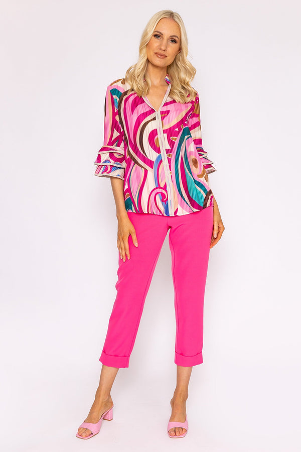 Carraig Donn V-Neck Frill Sleeve Top in Pink Paisley