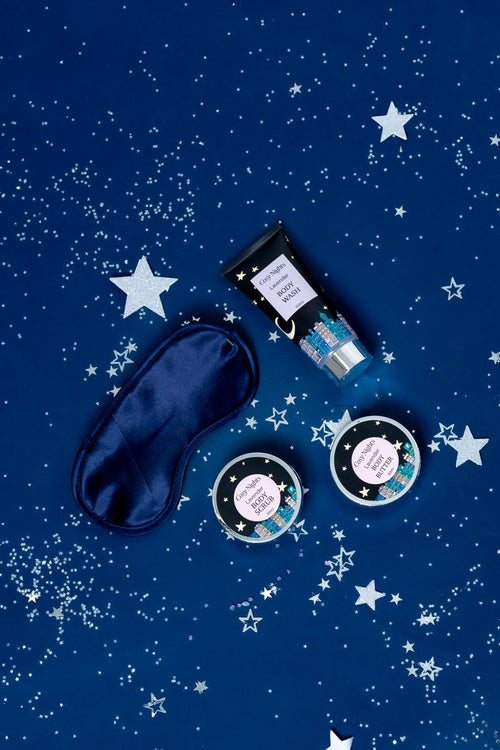 Cosy Nights Lavender Wellness Gift Set - Eye Mask, Body Wash, Body Butter & Body Scrub