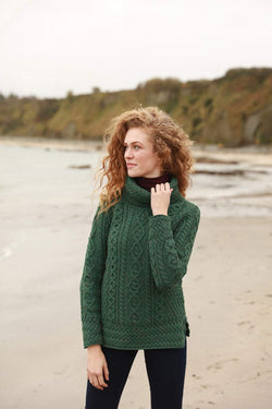 Carraig Donn Women's Merino Wool Cowl Neck Sweater in Green