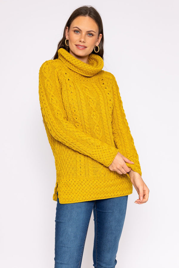 Carraig Donn Women's Merino Wool Cowl Neck Sweater in Mustard