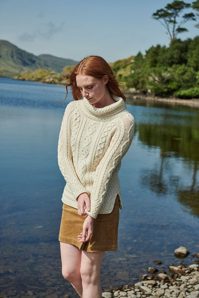 Carraig Donn Women's Merino Wool Cowl Neck Sweater in White