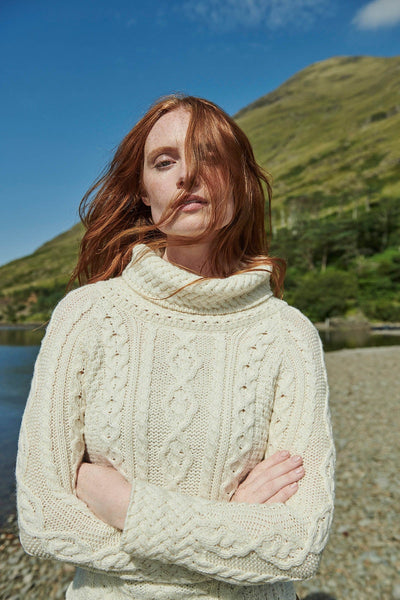 Carraig Donn Women's Merino Wool Cowl Neck Sweater in White